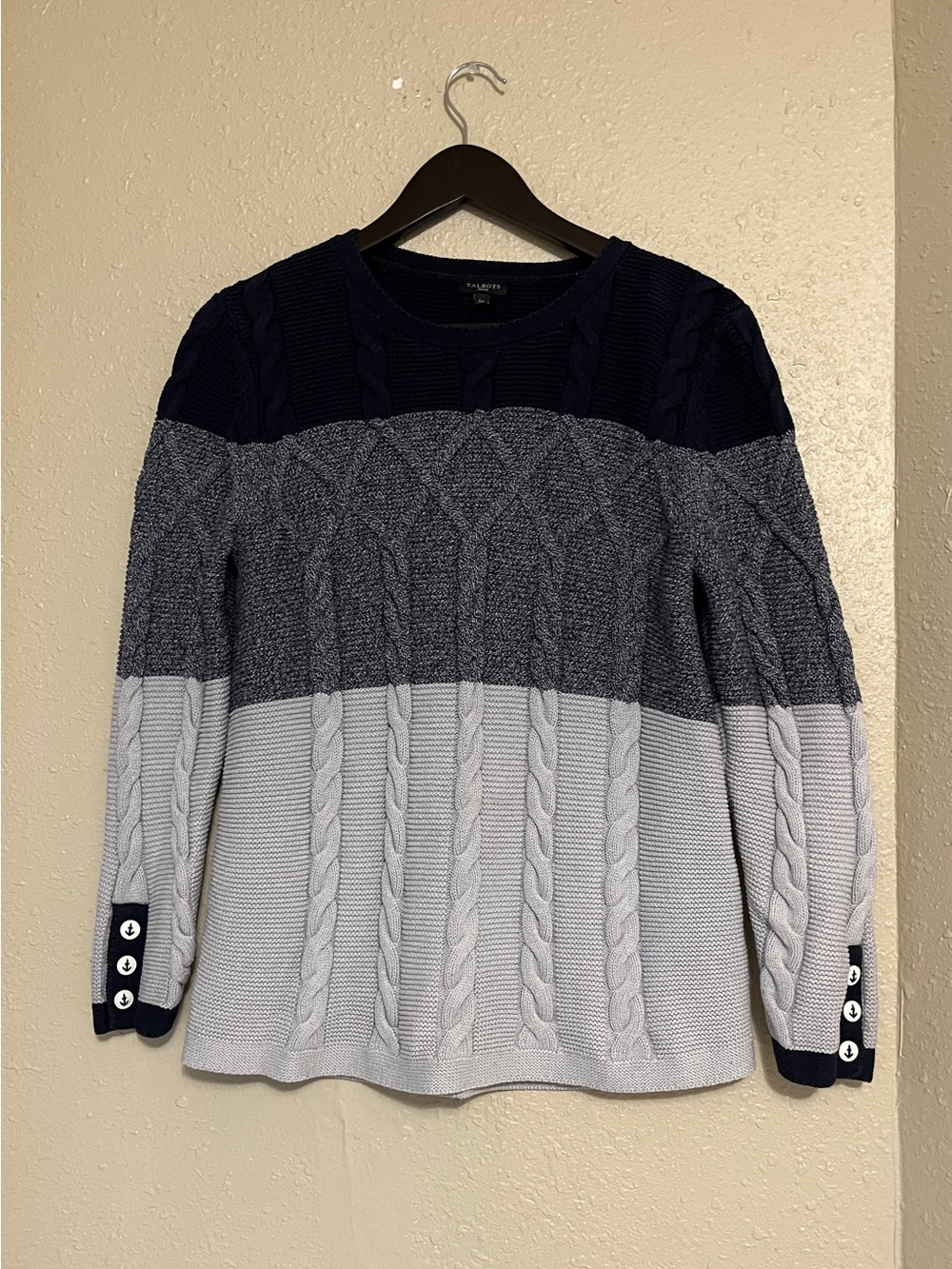 Talbots Colorblock Cable Knit Sweater - Navy, Gray, Nautical Button Cuffs Lp